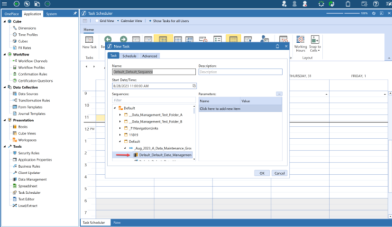 Red arrow points to the data management sequence under the workspace name and path and click the OK button to add the task. 